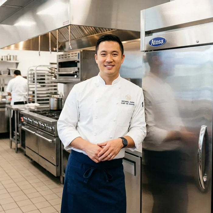 a chef leans against a commercial upright refrigerator in a commercial kitchen.