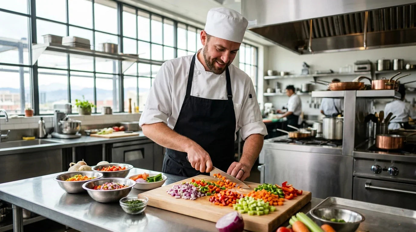 Professional chef dicing vegetables in a high-performance Denver commercial kitchen