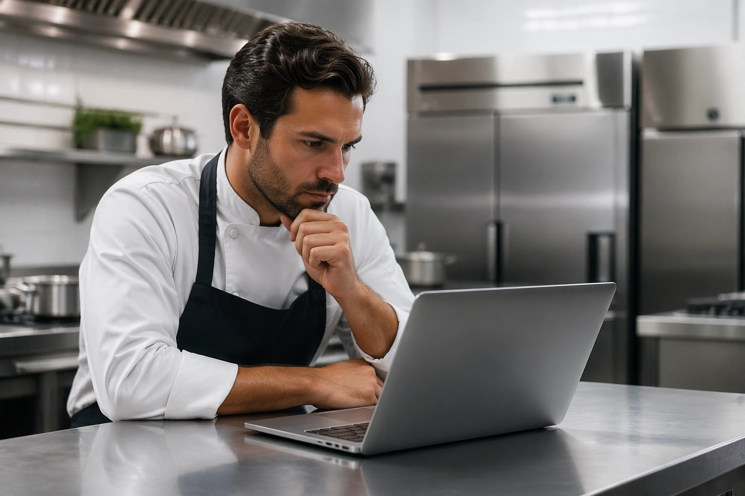 A focused chef in a professional commercial kitchen reading a digital guide book about high-performance restaurant refrigerators on his laptop.