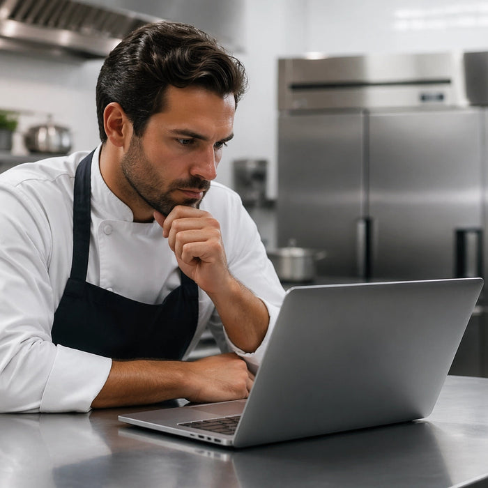 A focused chef in a professional commercial kitchen reading a digital guide book about high-performance restaurant refrigerators on his laptop.