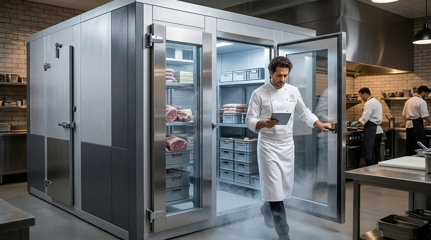 A professional chef in a white coat checks inventory beside a large industrial walk-in freezer and cooler combo unit in a high-end commercial kitchen