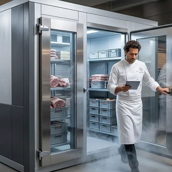A professional chef in a white coat checks inventory beside a large industrial walk-in freezer and cooler combo unit in a high-end commercial kitchen