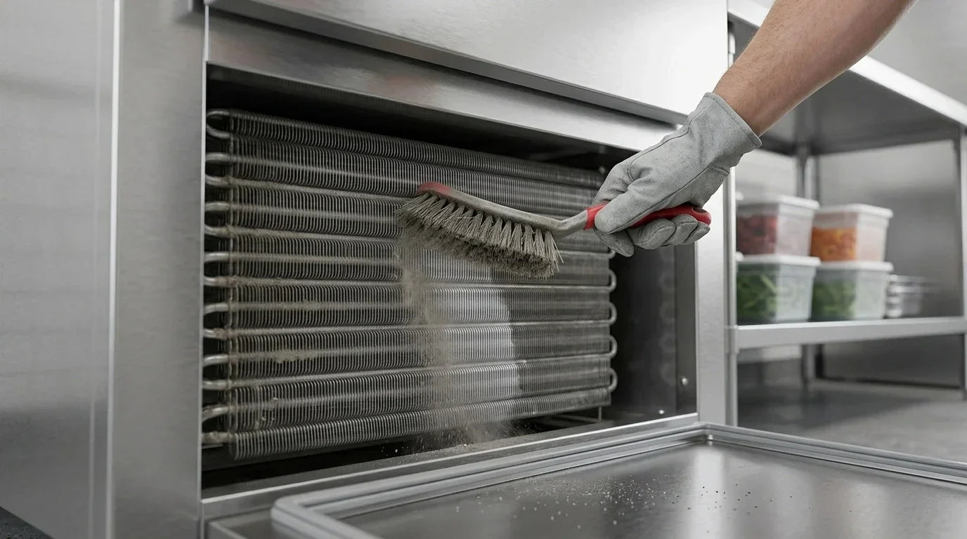 Close-up of a person using a stiff brush to clean dusty condenser coils on a commercial refrigerator