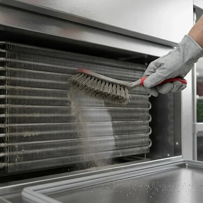Close-up of a person using a stiff brush to clean dusty condenser coils on a commercial refrigerator