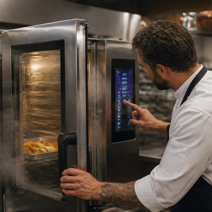 Atosa Smart Touch AEC-Series combi oven with 10-inch touchscreen and triple-pane tempered glass door