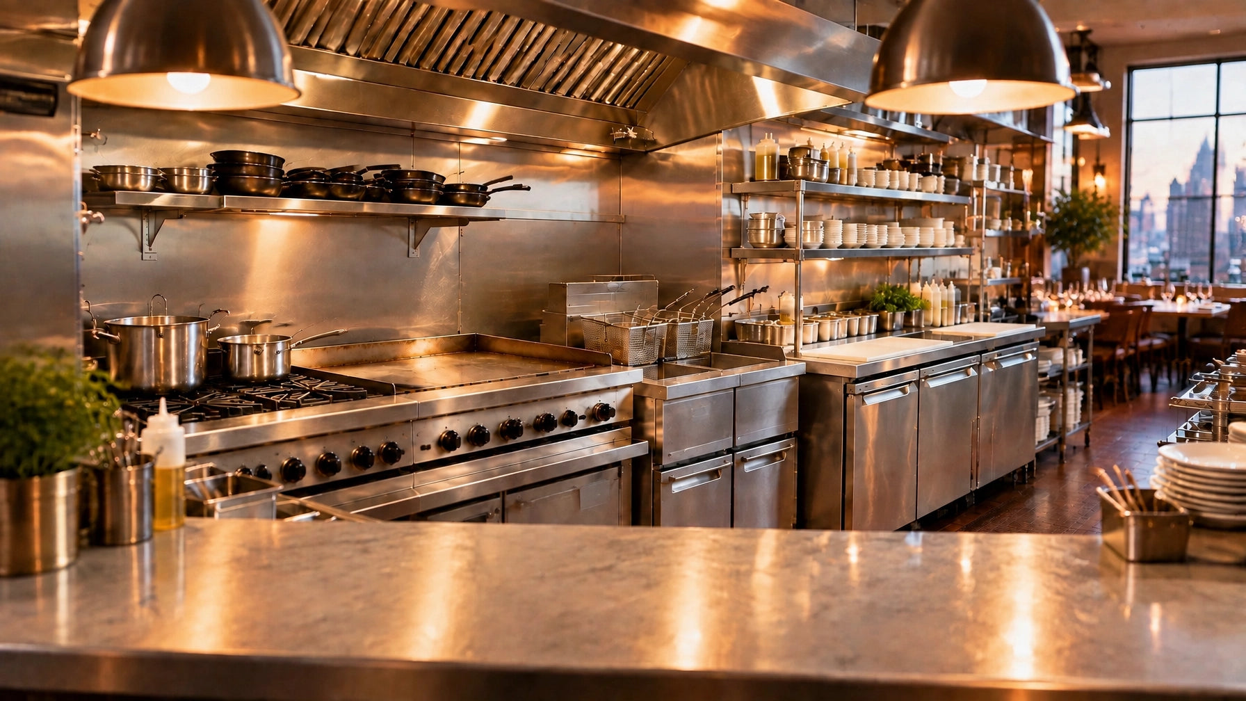 Commercial kitchen with stainless steel cooking equipment, fryers, prep counters, and undercounter refrigeration.