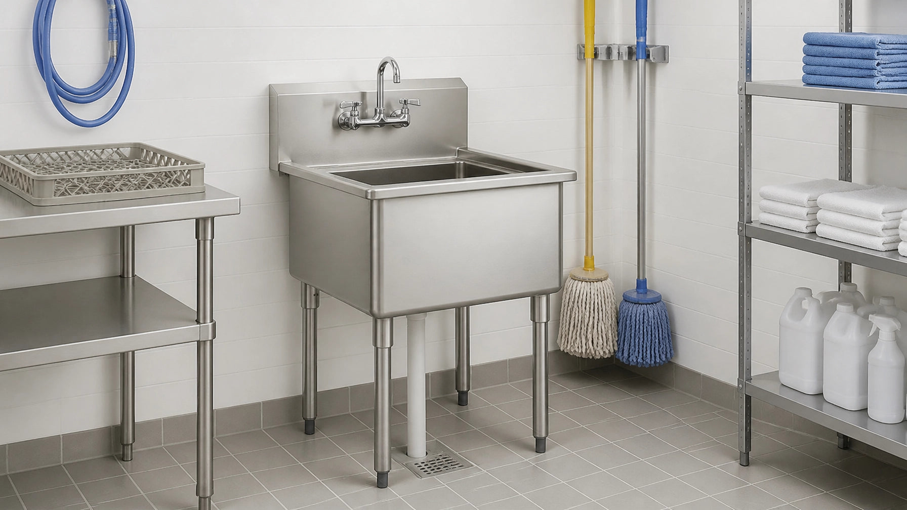 Atosa MRS-1-MOP 18 gauge stainless steel commercial mop sink with galvanized legs and adjustable ABS bullet feet, NSF certified and ETL listed for restaurant janitor closets