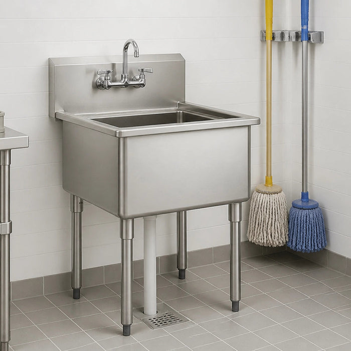 Atosa MRS-1-MOP 18 gauge stainless steel commercial mop sink with galvanized legs and adjustable ABS bullet feet, NSF certified and ETL listed for restaurant janitor closets