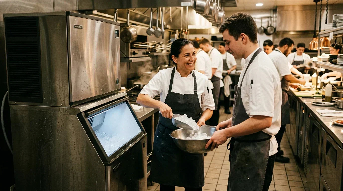 Chef interacting with a Hoshizaki ice machine in a busy professional kitchen
