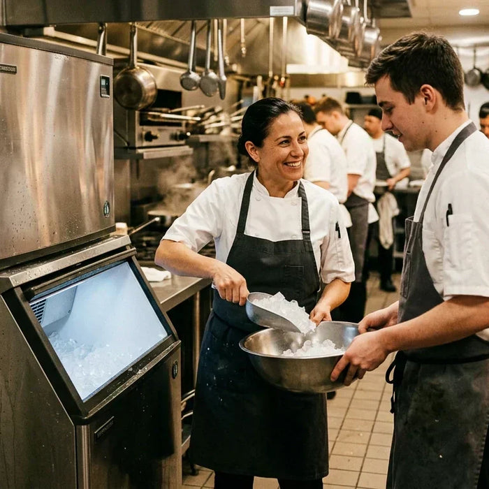 Chef interacting with a Hoshizaki ice machine in a busy professional kitchen