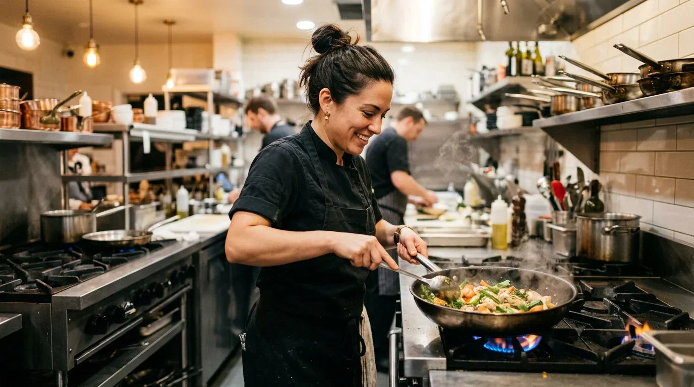 A professional chef cooking at a commercial restaurant range in a clean, welcoming kitchen with warm lighting, stainless steel equipment, and an inviting professional atmosphere