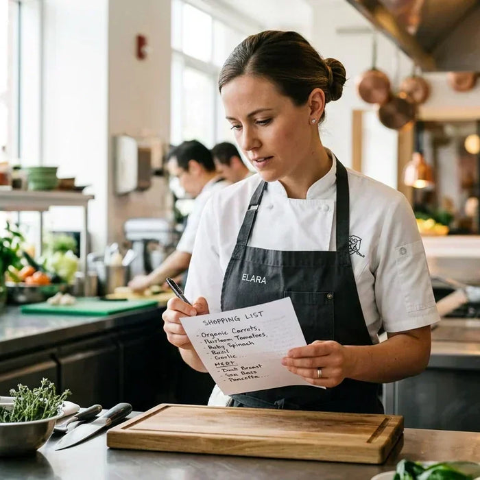 A professional chef in a modern commercial kitchen, reviewing a list with focused determination.
