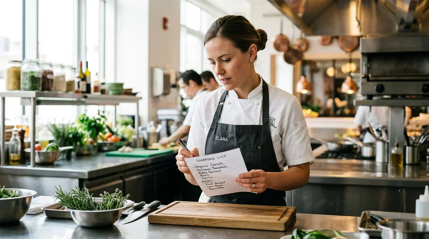A professional chef in a modern commercial kitchen, reviewing a list with focused determination.