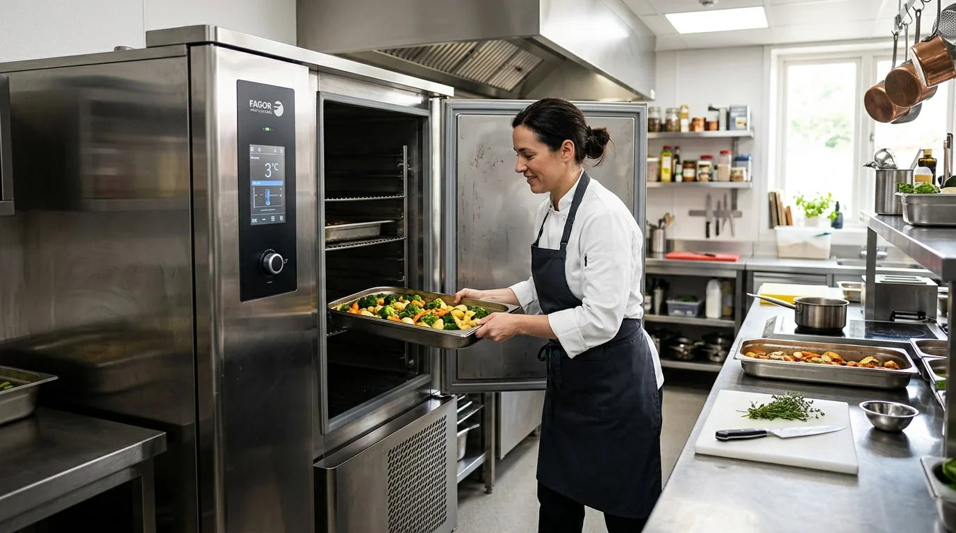 A professional chef placing trays of food into a stainless steel commercial blast chiller in a modern kitchen