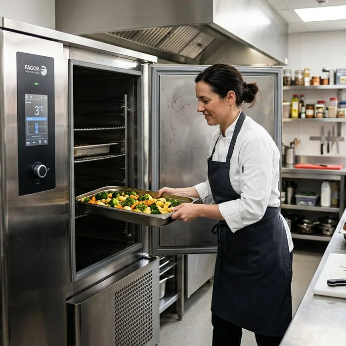 A professional chef placing trays of food into a stainless steel commercial blast chiller in a modern kitchen