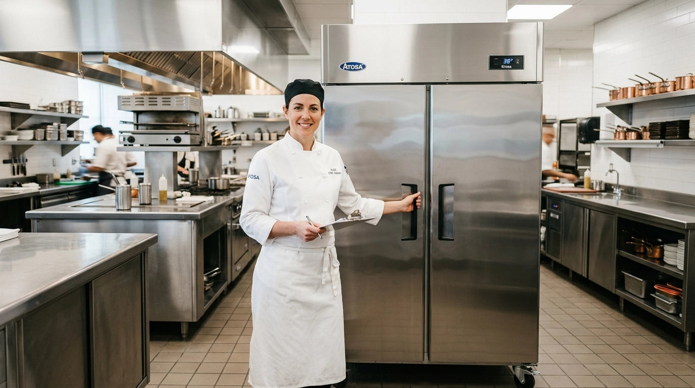  A high-end, ultra-clean commercial kitchen with bright, professional lighting. It features a sleek, stainless steel Atosa refrigerator as the centerpiece.