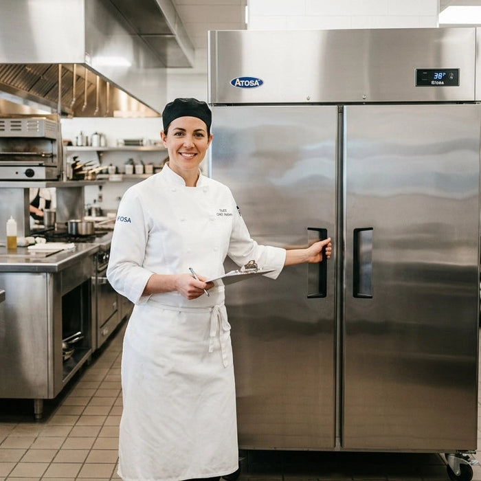  A high-end, ultra-clean commercial kitchen with bright, professional lighting. It features a sleek, stainless steel Atosa refrigerator as the centerpiece.
