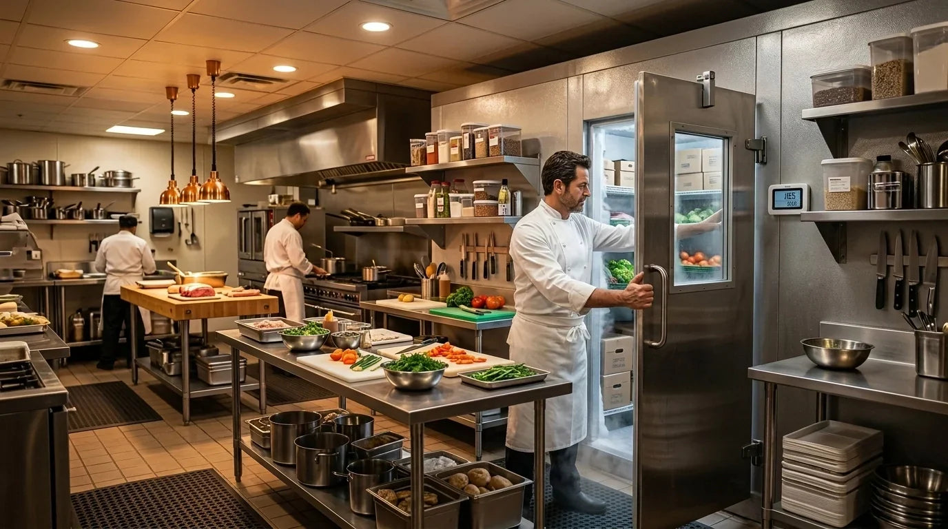 A professional chef in uniform stands in a restaurant kitchen with one hand naturally gripping the handle of a walk-in freezer door