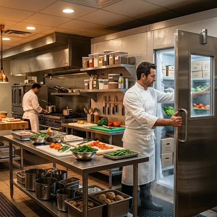 A professional chef in uniform stands in a restaurant kitchen with one hand naturally gripping the handle of a walk-in freezer door