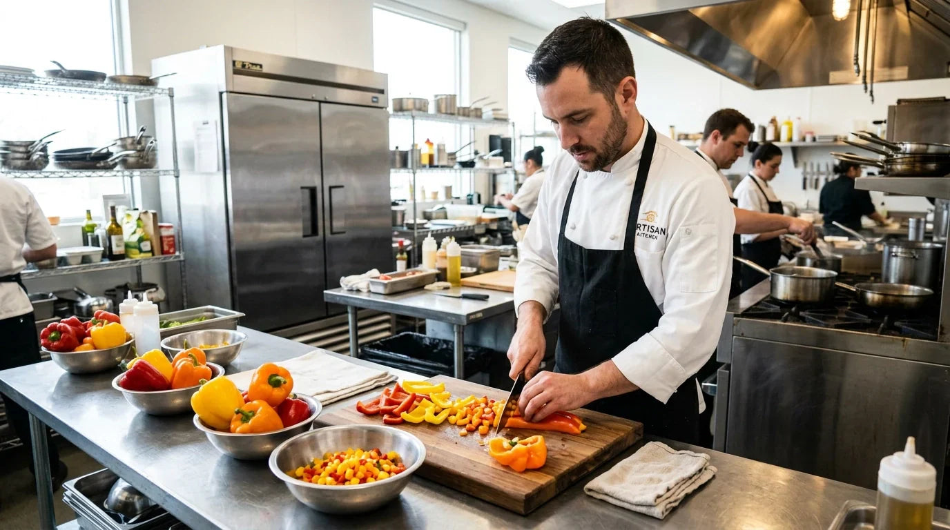 A professional chef in a clean white uniform expertly dicing fresh, colorful bell peppers on a heavy-duty stainless steel worktable in a commercial kitchen