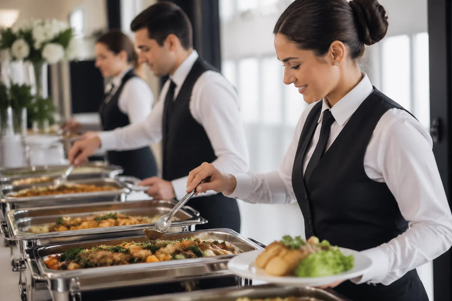  team of professional catering staff in clean uniforms serving gourmet hot food from high-quality stainless steel chafing dishes at a professional buffet event