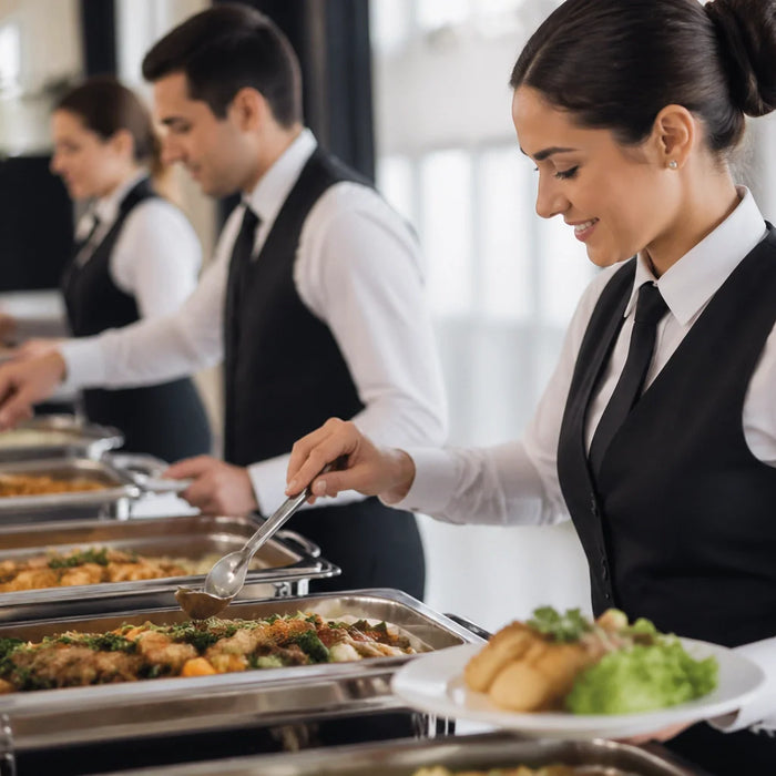  team of professional catering staff in clean uniforms serving gourmet hot food from high-quality stainless steel chafing dishes at a professional buffet event