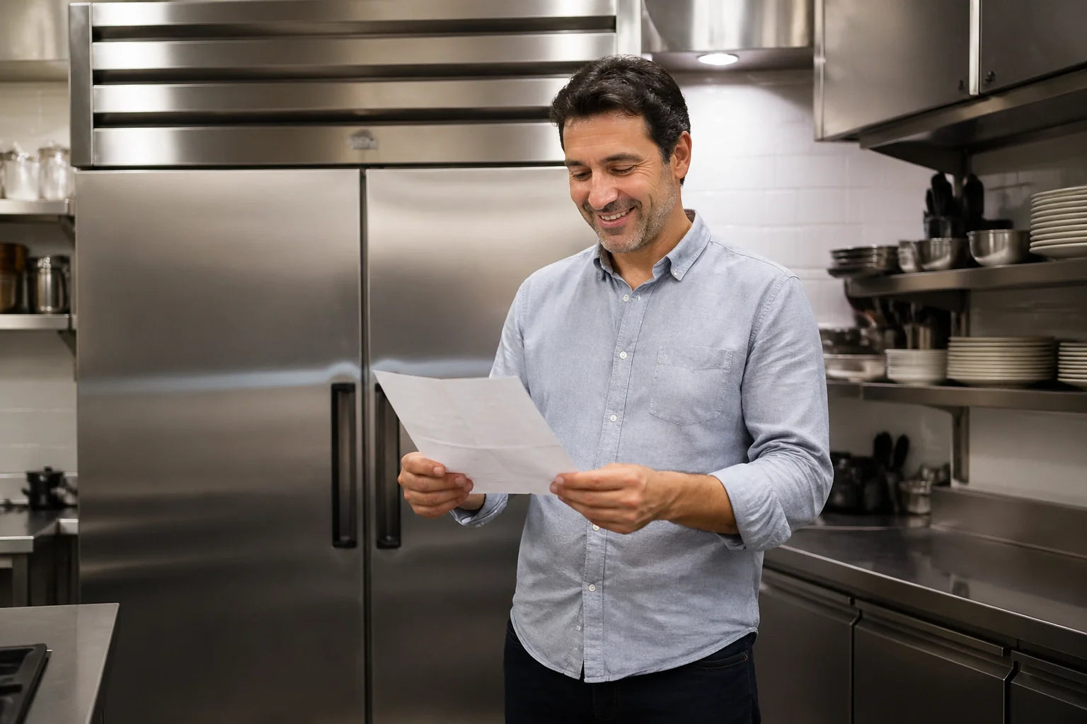 A relieved restaurant manager reviewing a significantly lower utility bill.
