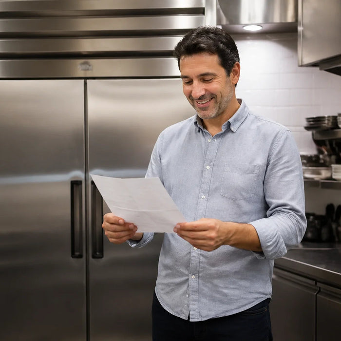 A relieved restaurant manager reviewing a significantly lower utility bill.