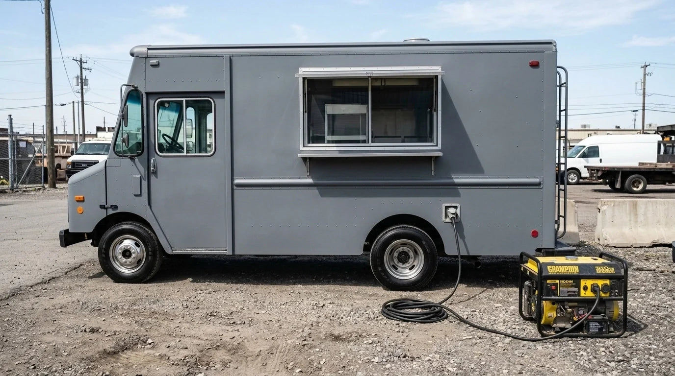 Clean matte-grey food truck is parked on an asphalt lot in clear daylight with a commercial generator placed on the ground beside it and heavy-duty cables connected to the truck's side panel