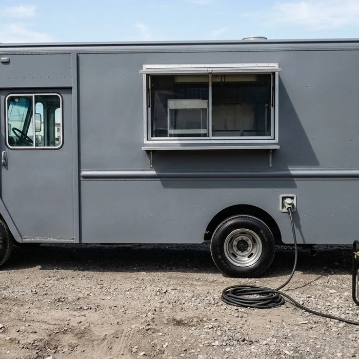 Clean matte-grey food truck is parked on an asphalt lot in clear daylight with a commercial generator placed on the ground beside it and heavy-duty cables connected to the truck's side panel