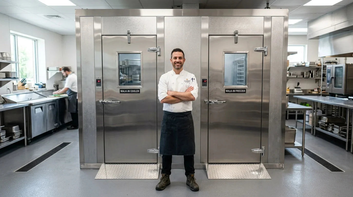 A chef stands proudly with arms crossed in front of a clean modular walk-in freezer and cooler combo unit in a spacious restaurant kitchen