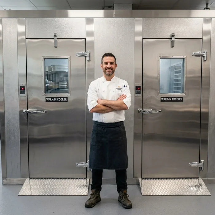 A chef stands proudly with arms crossed in front of a clean modular walk-in freezer and cooler combo unit in a spacious restaurant kitchen