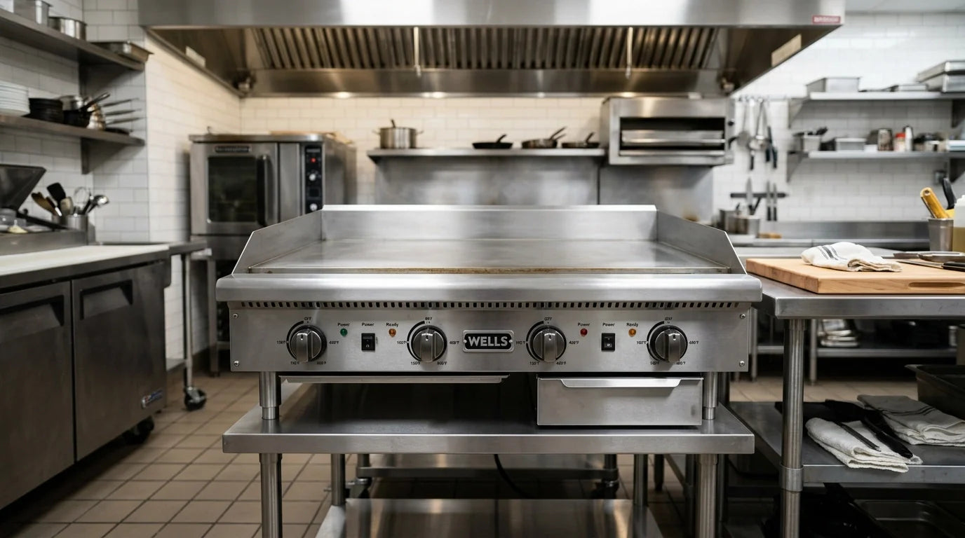 Professional technical hero image of a high-quality commercial electric griddle in a modern restaurant kitchen, with the griddle surface and controls clearly visible