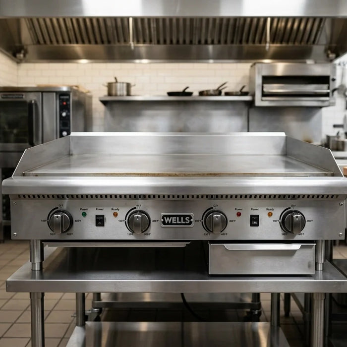 Professional technical hero image of a high-quality commercial electric griddle in a modern restaurant kitchen, with the griddle surface and controls clearly visible