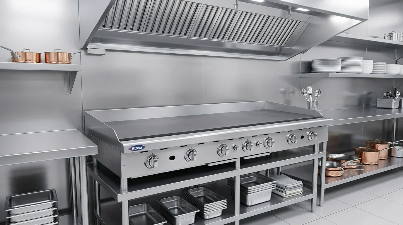 Brand-new Atosa gas griddle in a clean modern commercial kitchen" 