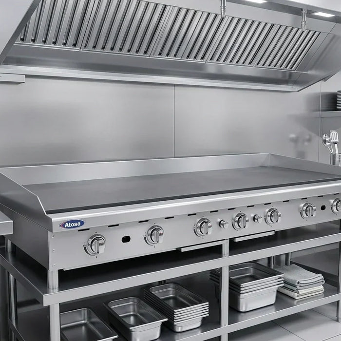 Brand-new Atosa gas griddle in a clean modern commercial kitchen" 