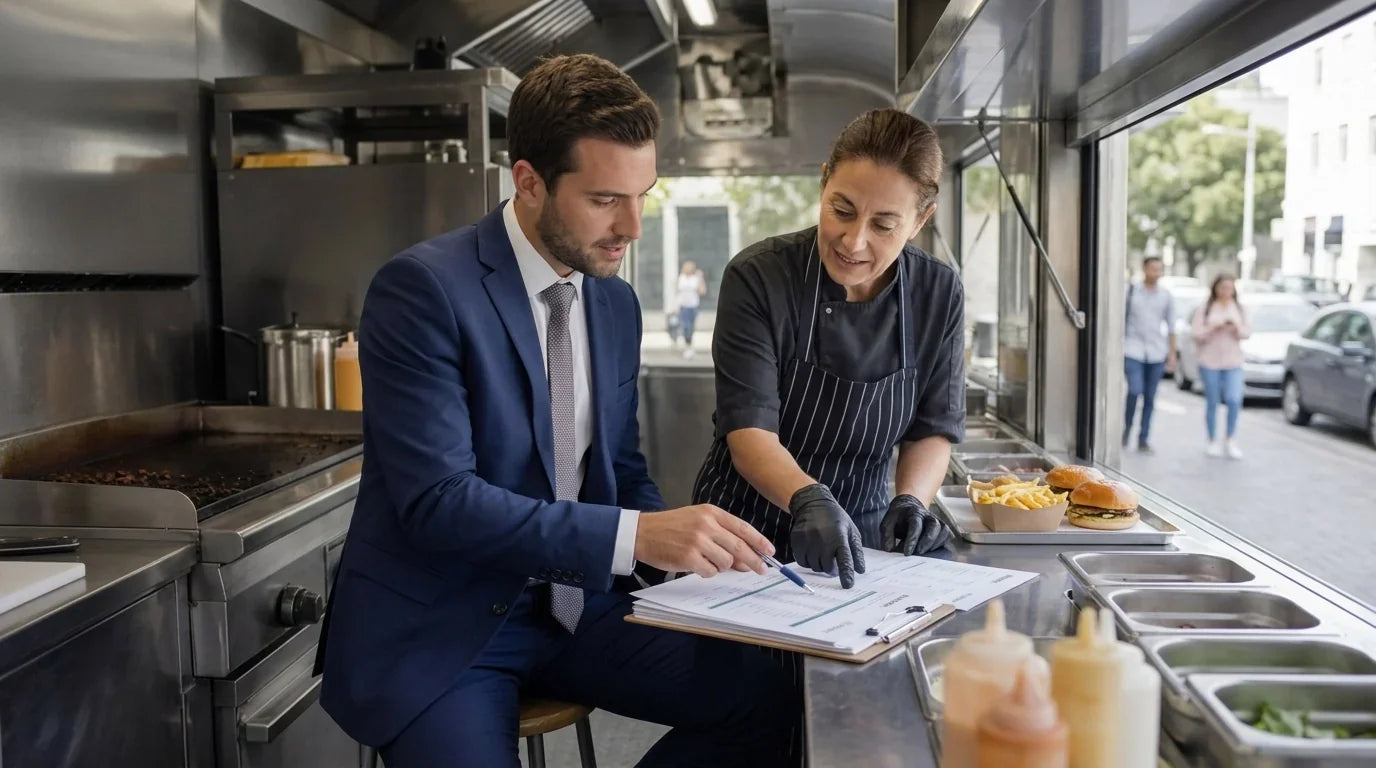 A banker meets with a food truck operator beside a real food truck while reviewing financing paperwork in daylight