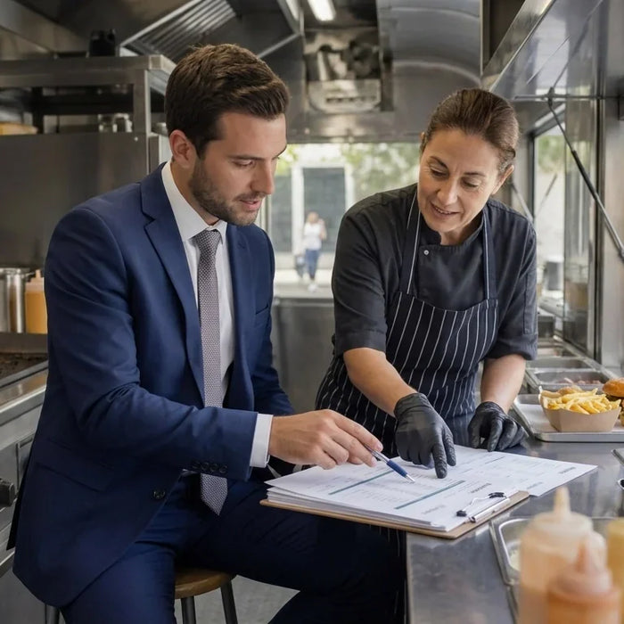 A banker meets with a food truck operator beside a real food truck while reviewing financing paperwork in daylight