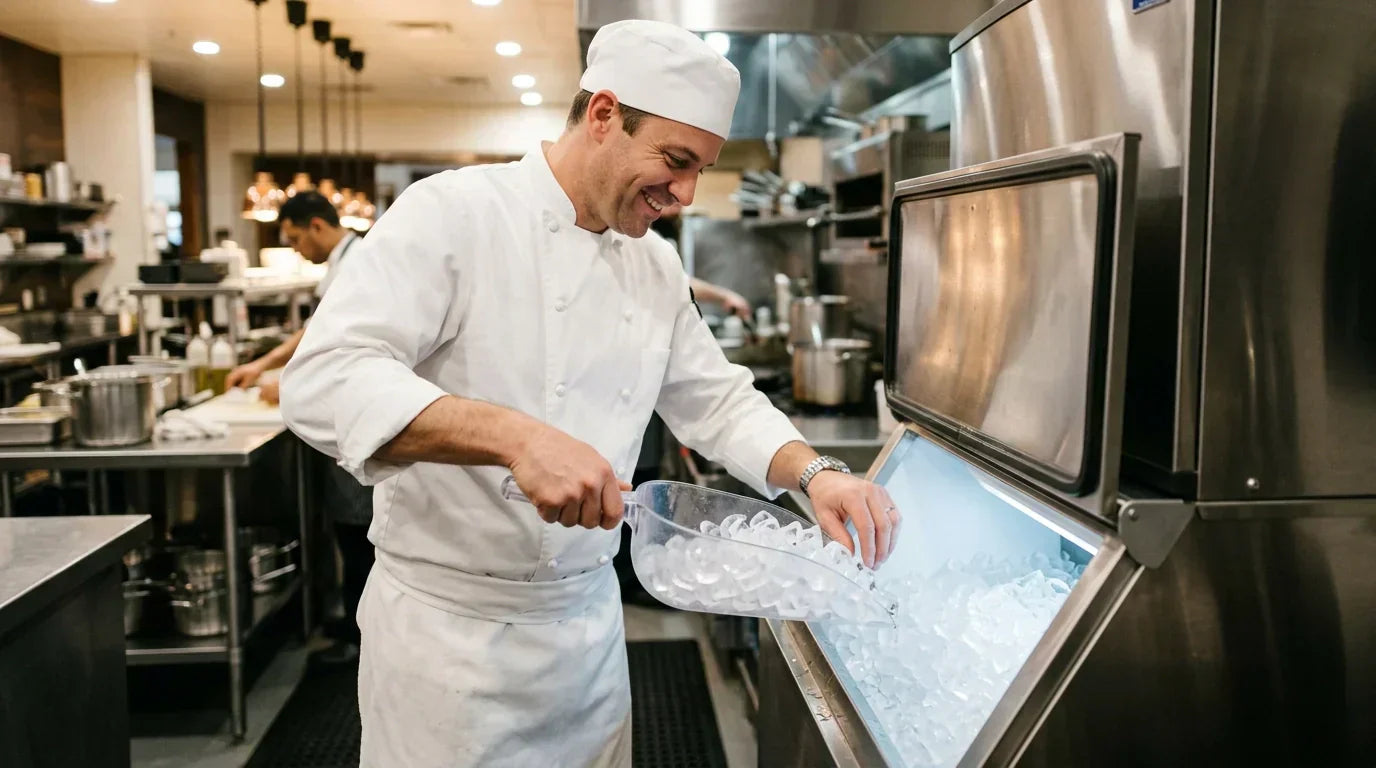 A professional chef scooping ice from a commercial ice machine