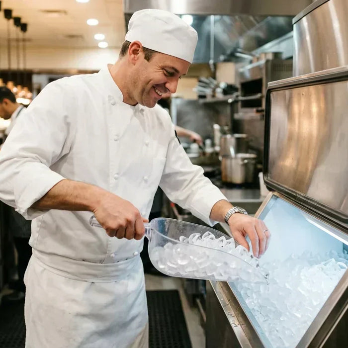 A professional chef scooping ice from a commercial ice machine
