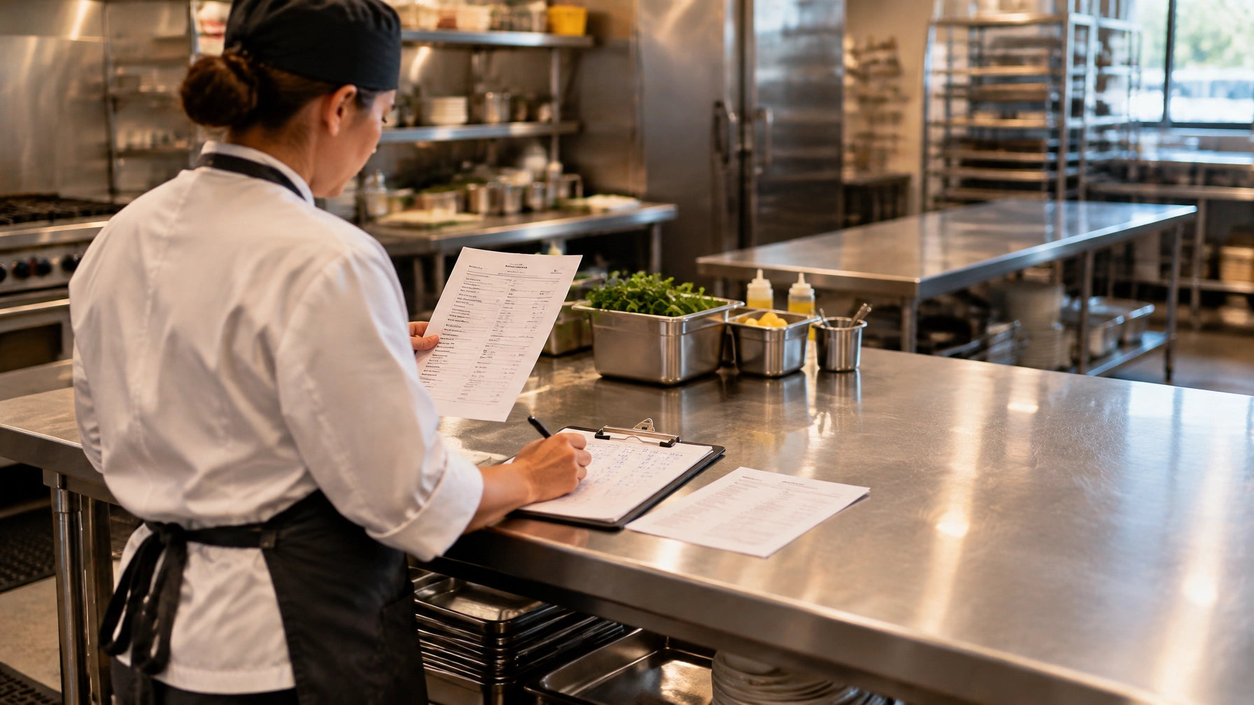 Kitchen professional reviewing cost records at a stainless steel prep station.