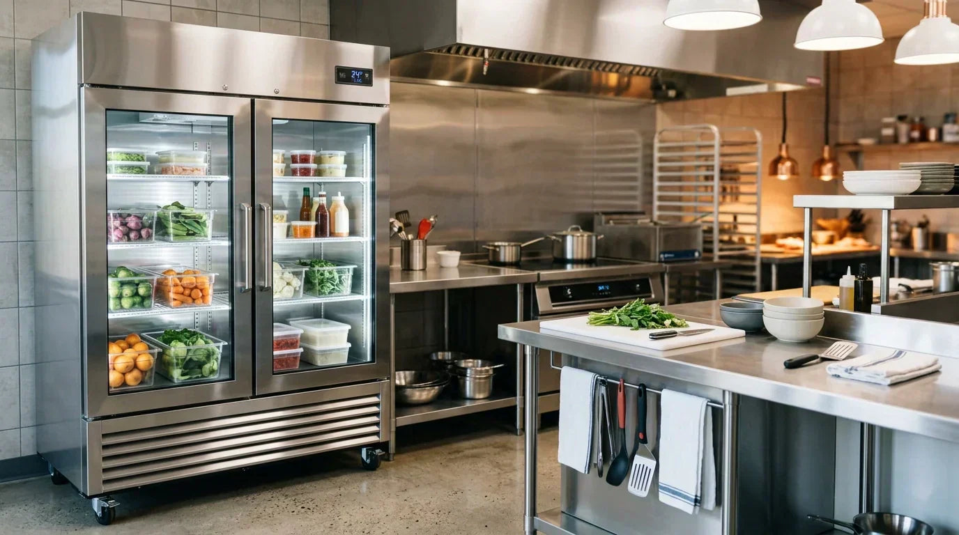 Brand new stainless steel commercial refrigerator in a clean modern restaurant kitchen