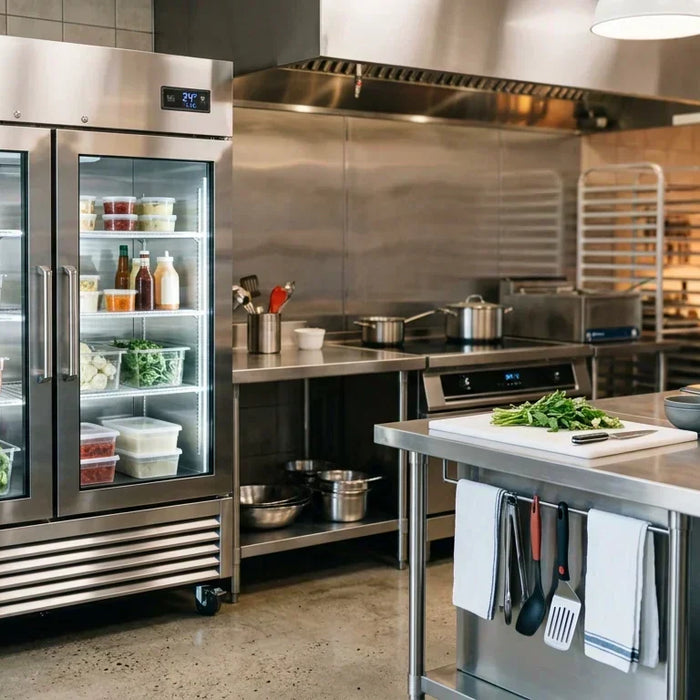 Brand new stainless steel commercial refrigerator in a clean modern restaurant kitchen
