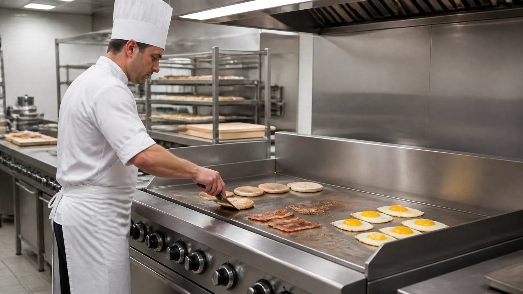 A professional chef using a commercial gas griddle in a modern kitchen