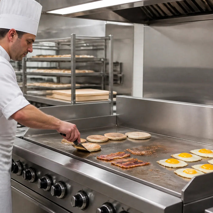 A professional chef using a commercial gas griddle in a modern kitchen