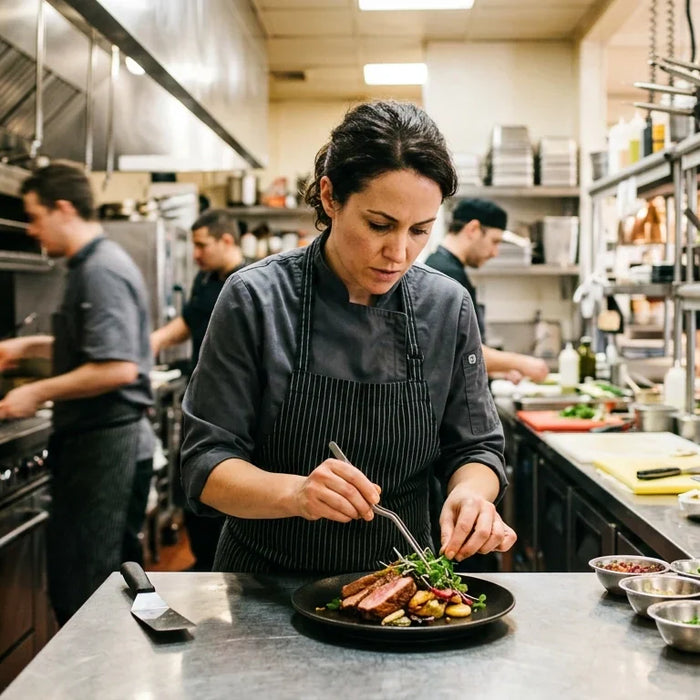 Professional chef doing meal prep in a high-energy stainless steel commercial kitchen