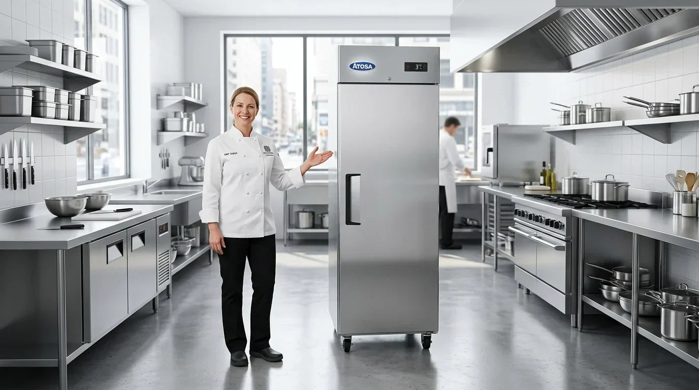 A professional chef in a white coat standing in a pristine commercial kitchen next to a shiny Atosa 1-door refrigerator