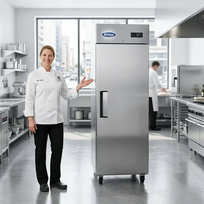 A professional chef in a white coat standing in a pristine commercial kitchen next to a shiny Atosa 1-door refrigerator