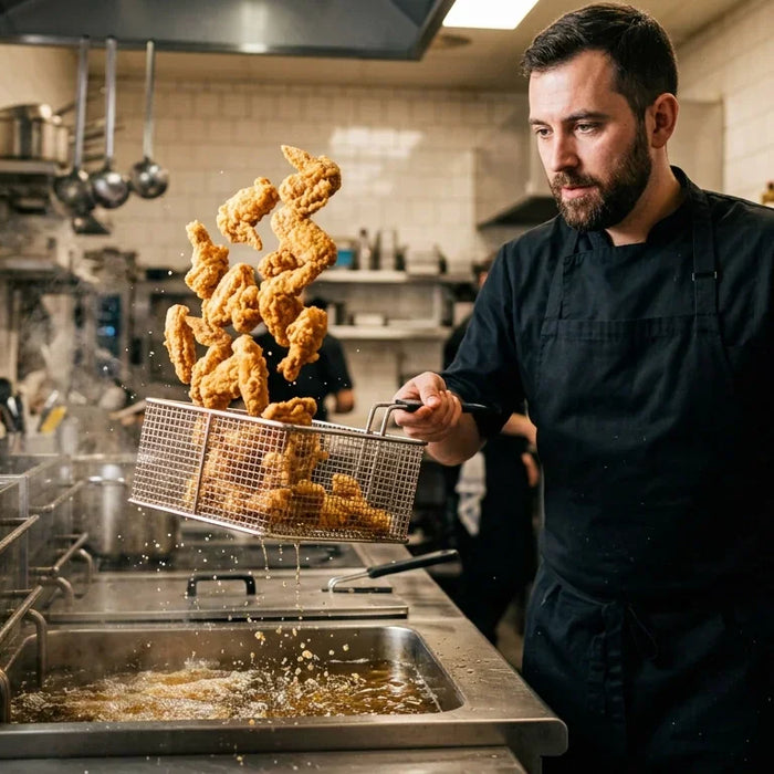 Professional commercial kitchen is focused on a batch of chicken wings being fried in a deep fryer