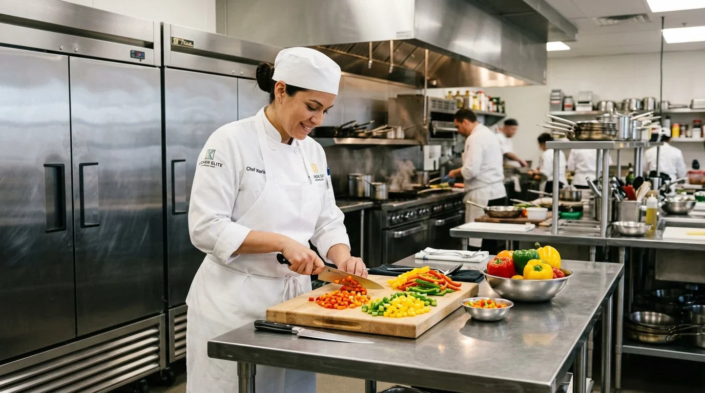A professional chef in a clean white uniform expertly dicing fresh, colorful bell peppers on a heavy-duty stainless steel worktable in a Indianapolis kitchen